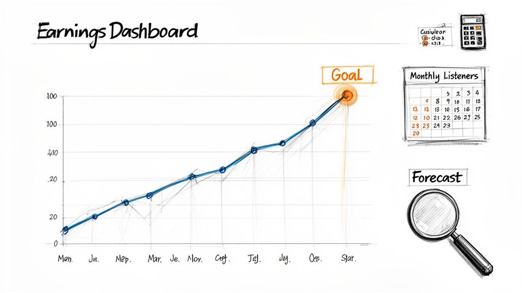 Sketchy earnings dashboard with a growing line graph, highlighting a goal and monthly listeners.