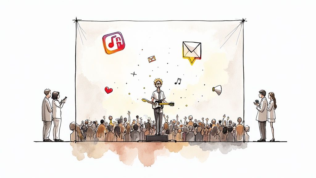 A sketch of a musician performing on stage for an audience, surrounded by music and social media icons.
