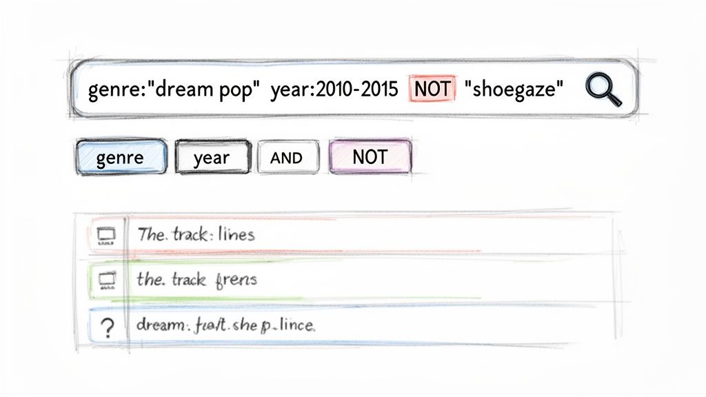 Music search interface with advanced filters for genre and year, displaying search results.