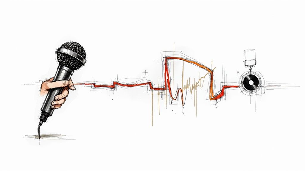 Illustration of a hand holding a microphone, connected by a red sound wave line to a record player.
