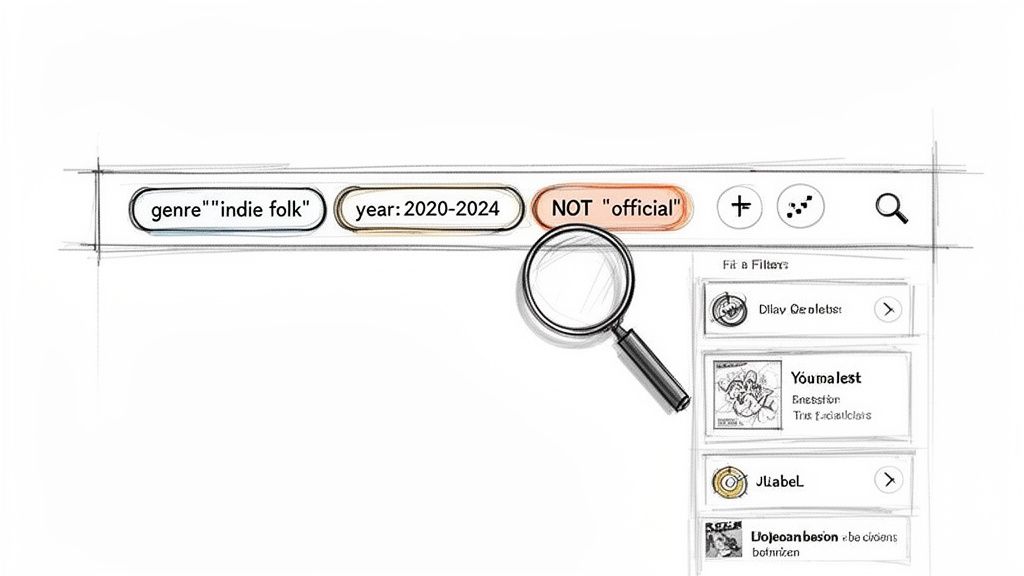 A sketch of a search interface with filters for 'indie folk' genre and years 2020-2024, excluding 'official' content.