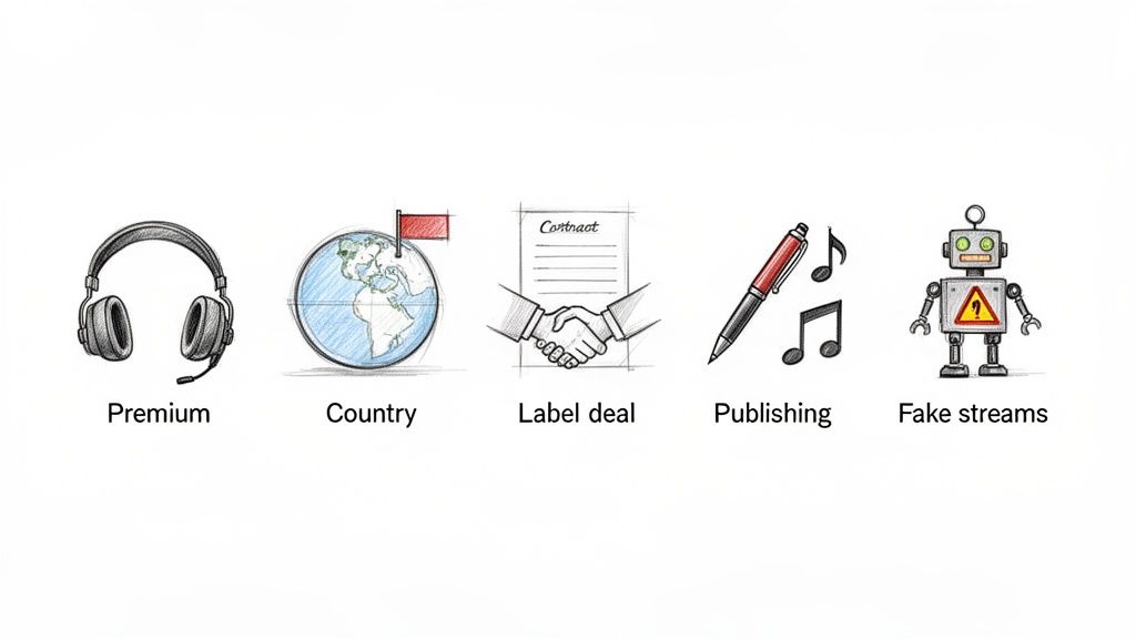 Hand-drawn illustrations of music industry elements: premium, country, label deal, publishing, and fake streams.