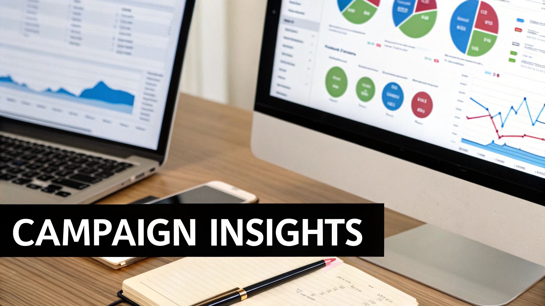 Screens displaying campaign insights with charts and graphs, a laptop, smartphone, and notebook on a desk.