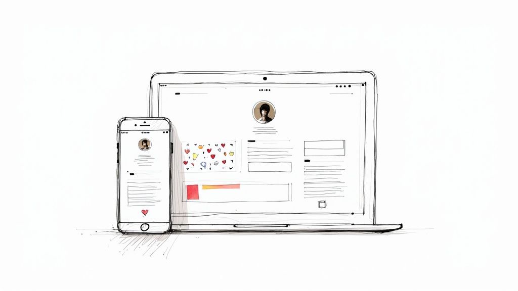 An artist's merchandise and phone displaying their social media profile, creating a brand image.