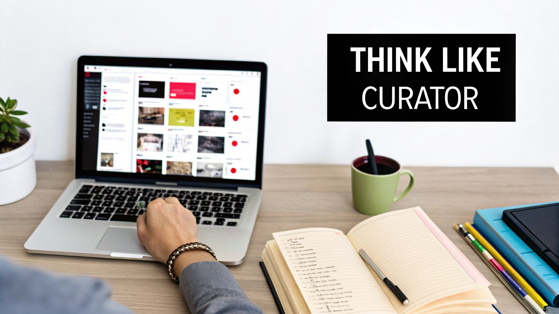 A person types on a laptop displaying content, with a notebook, mug, and 'THINK LIKE CURATOR' sign.