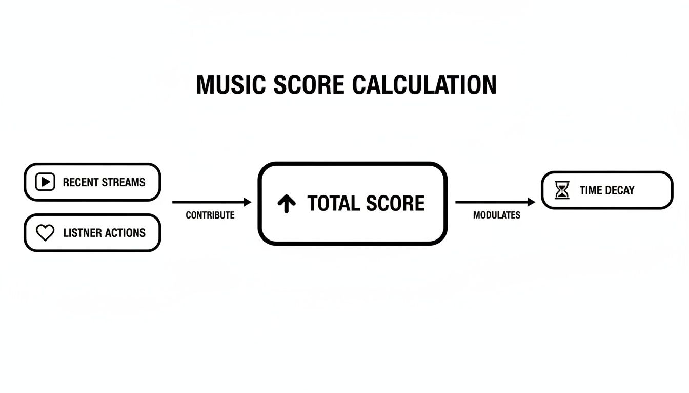 Flowchart showing music score calculation from recent streams and listener actions, modulated by time decay.