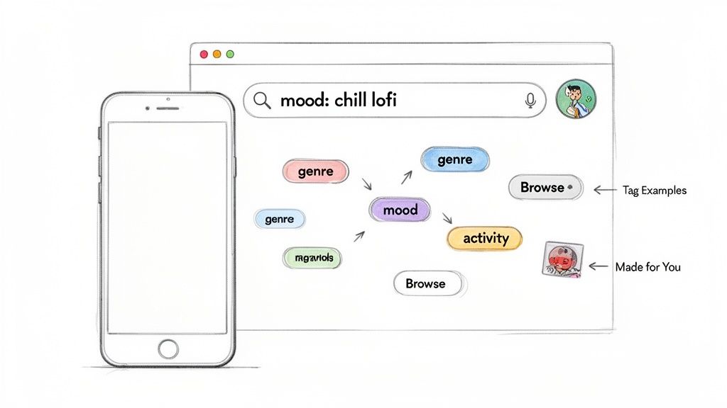 A phone and browser showing a music search interface with tags like genre, mood, and activity.