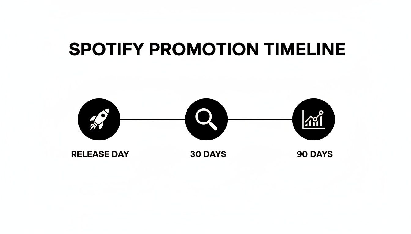 Spotify promotion timeline detailing key stages: release day, 30 days, and 90 days.