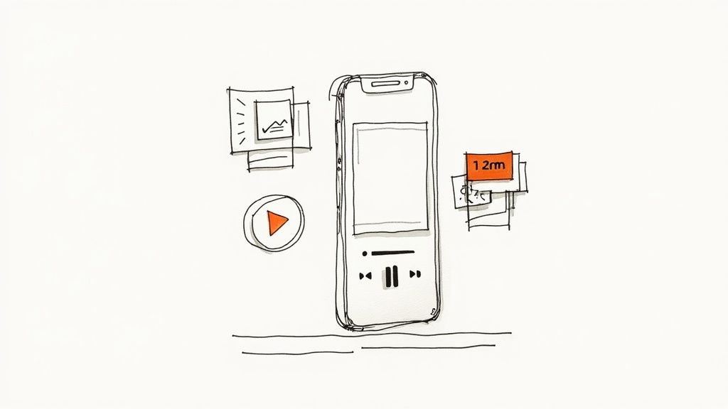 A hand-drawn sketch of a smartphone with a music player interface, surrounded by cards and a play icon.