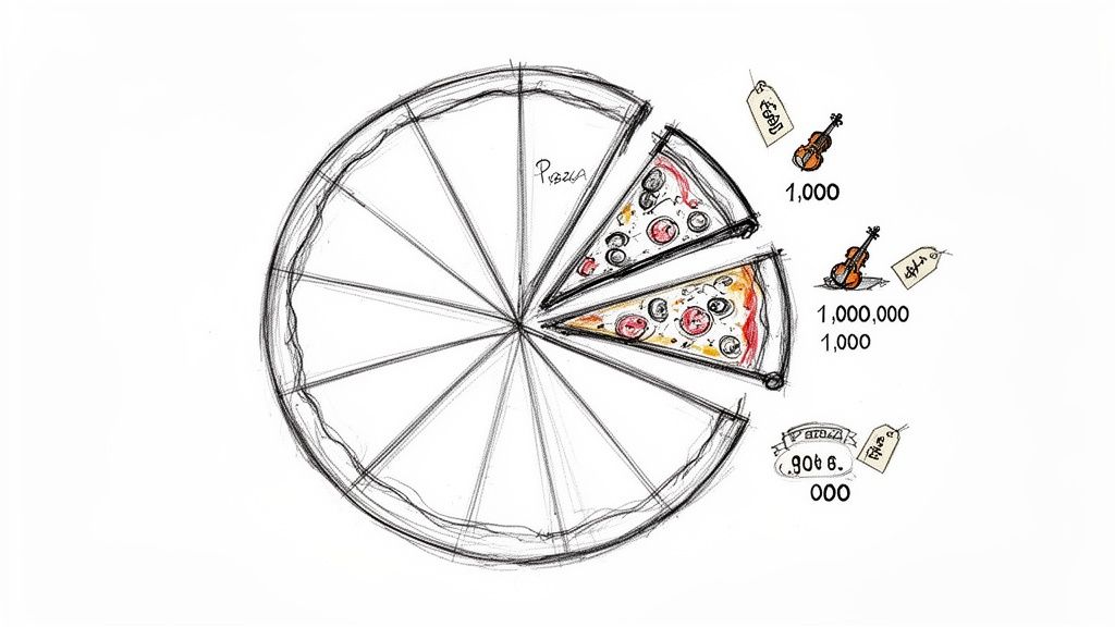 A diagram illustrating revenue distribution, depicting a pizza divided into slices with violins and numbers.