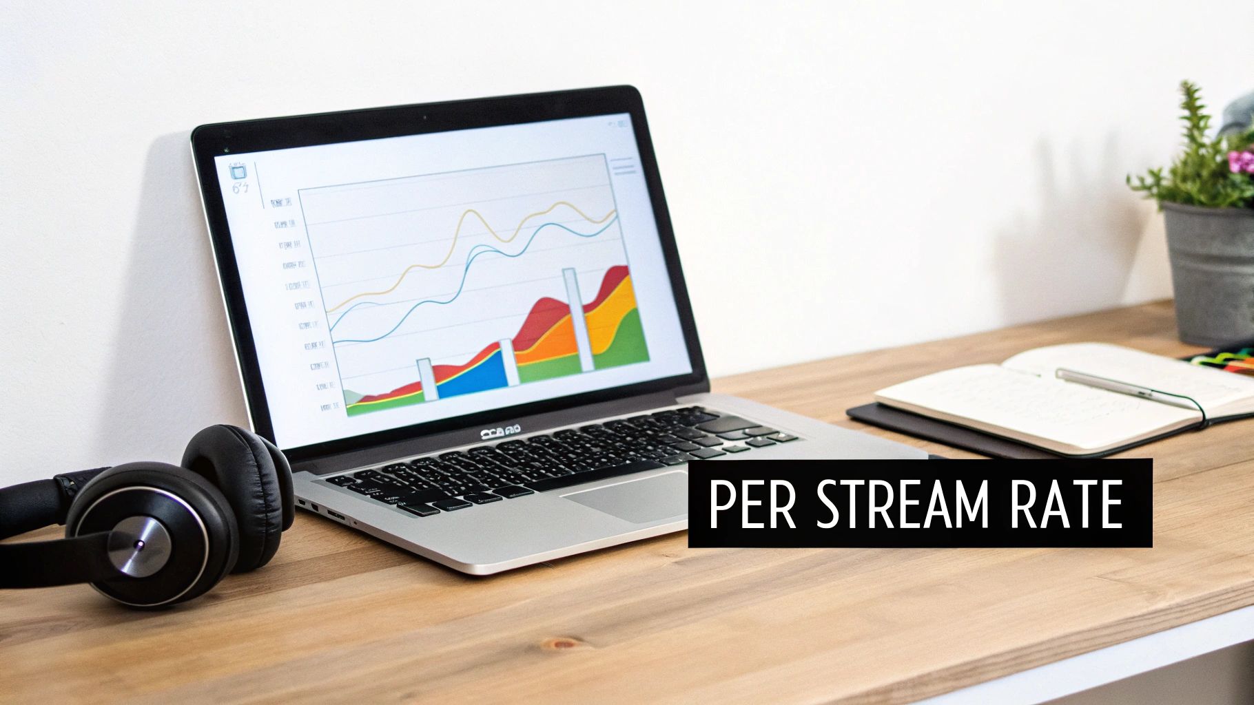 A laptop with a graph on the screen, headphones, and a notebook on a wooden desk, displaying 'PER STREAM RATE'.