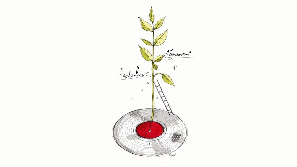 A creative illustration of a plant with green leaves growing from a vinyl record, symbolizing music growth.