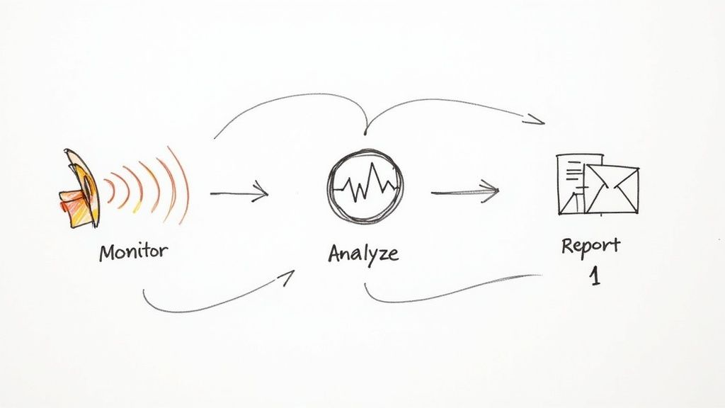 A hand-drawn diagram illustrates a three-stage workflow: Monitor, Analyze, and Report, with feedback loops.