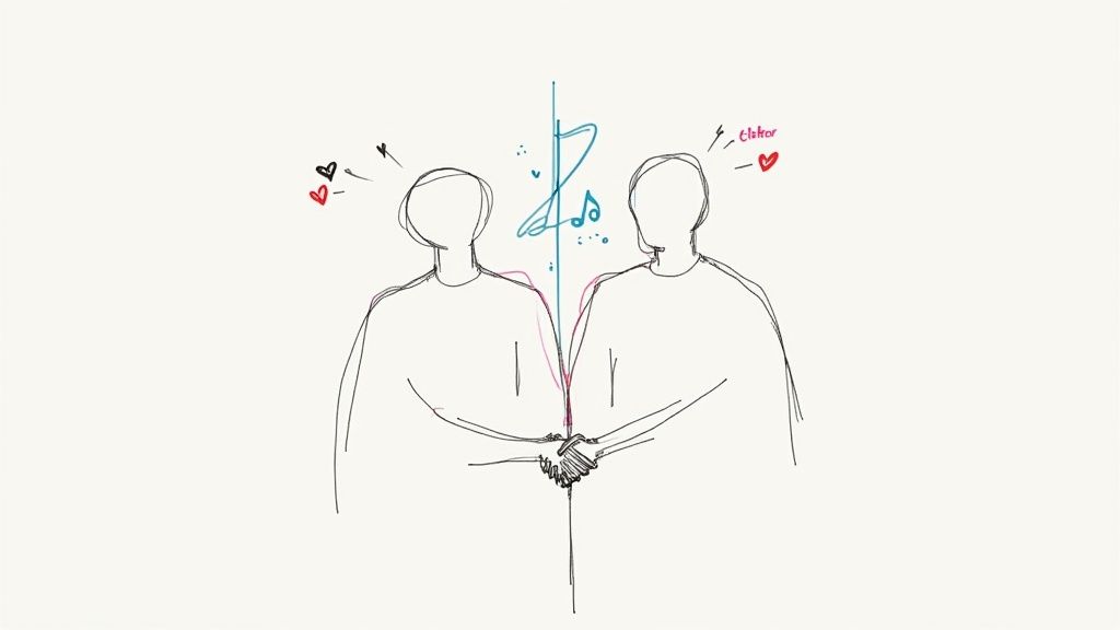 A line drawing of two abstract figures shaking hands, surrounded by hearts, music notes, and the word 'Elsker'.