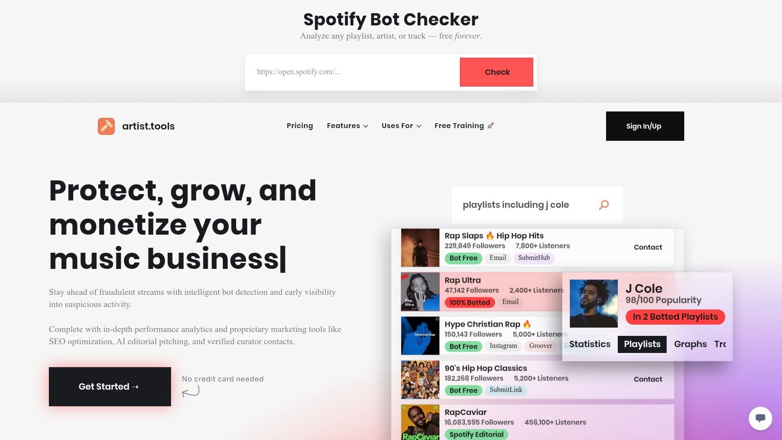 A screenshot of the artist.tools platform showing playlist search results and analytics for indie music.