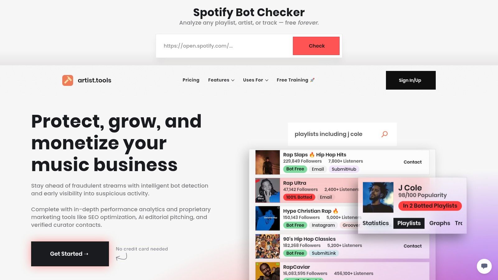 artist.tools interface showing bot detection features for a Spotify hip hop playlist