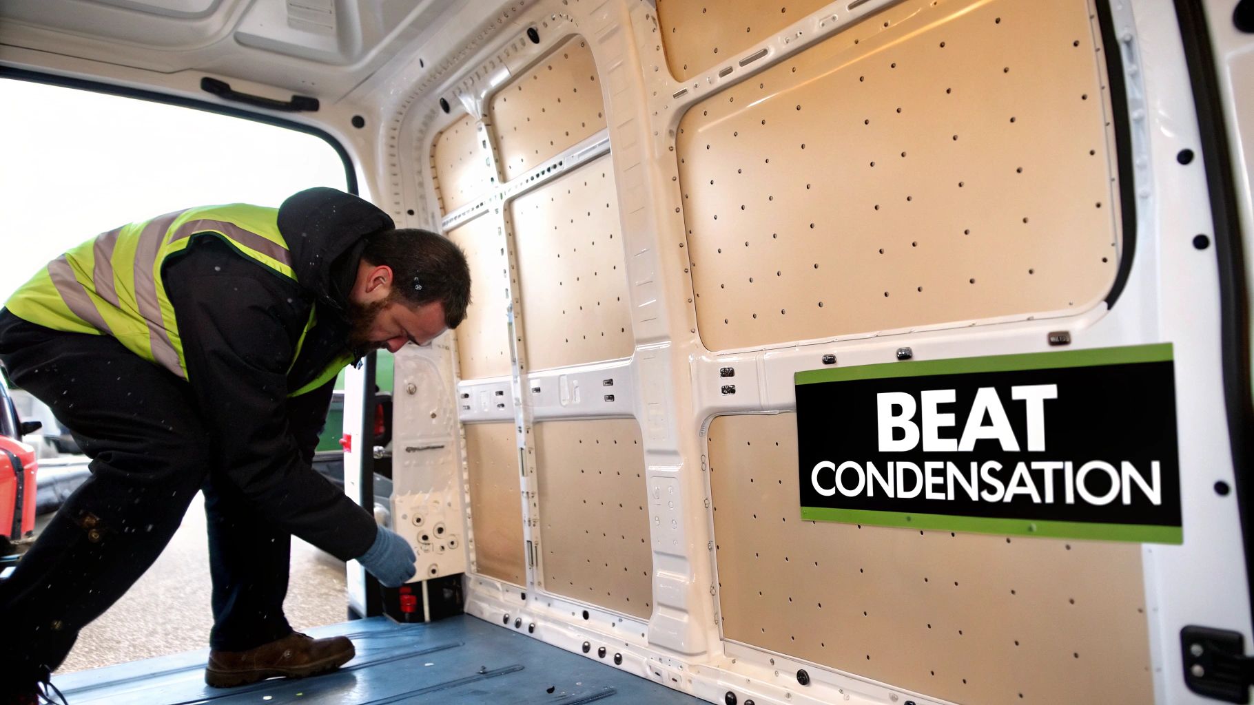 A person installing insulation panels inside a camper van during its conversion process