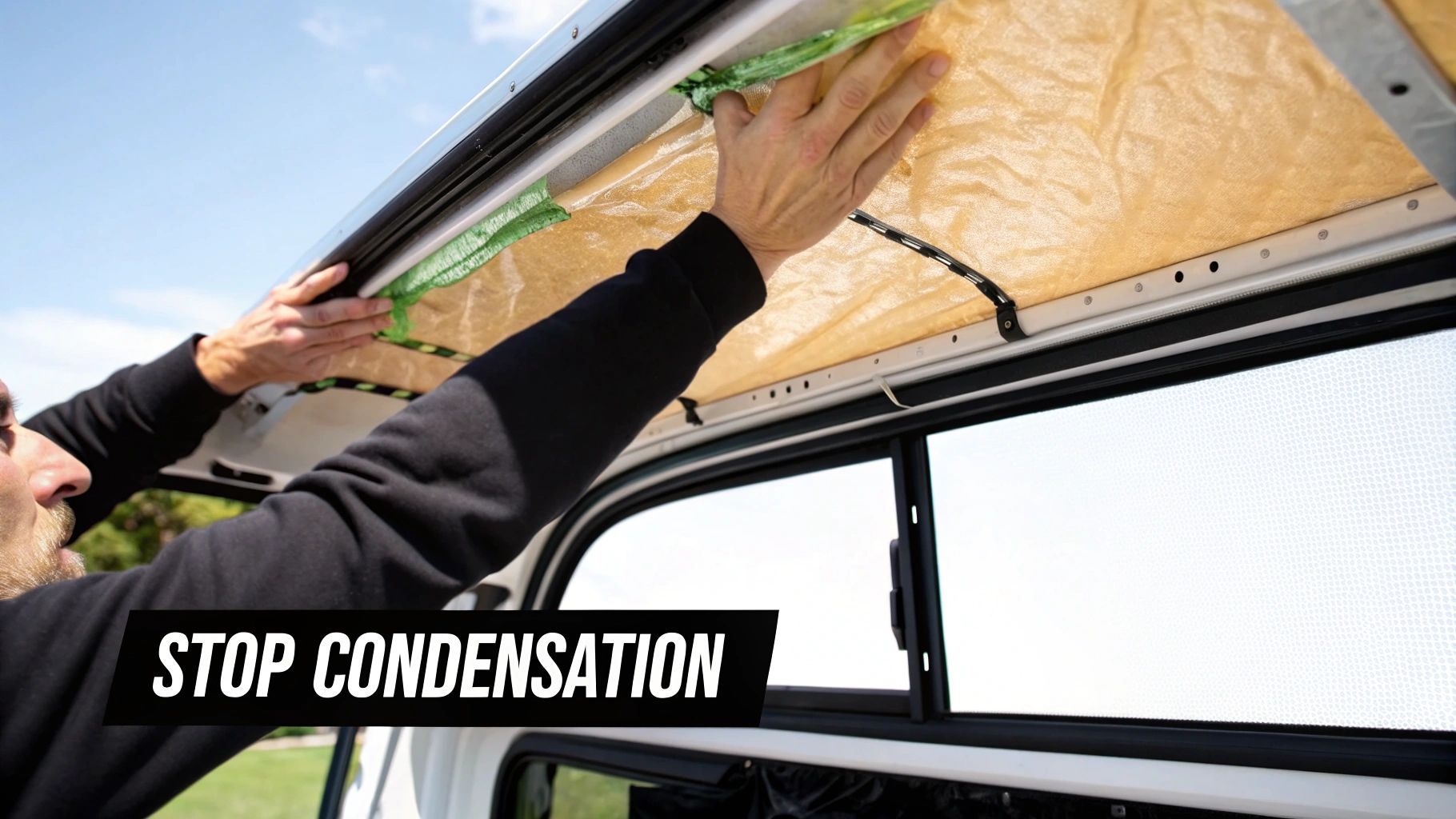 Close-up of condensation droplets on the inside of a campervan window.