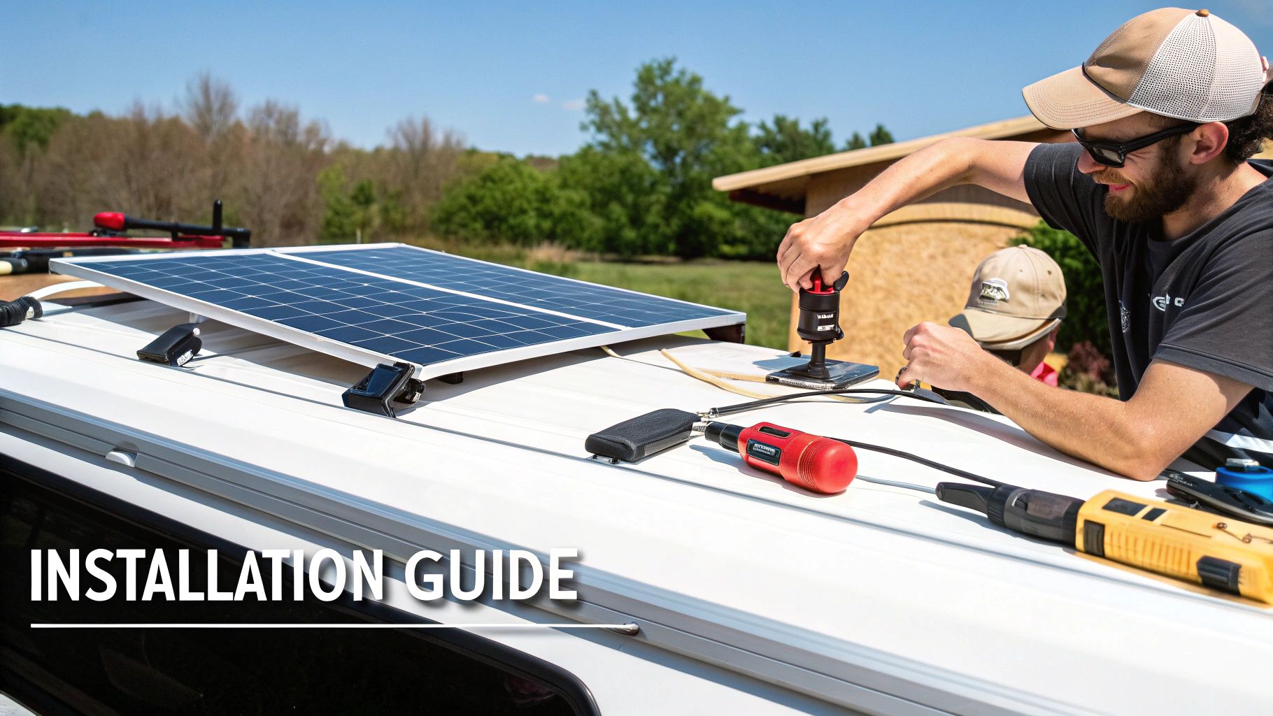 Solar panels being installed on a campervan roof