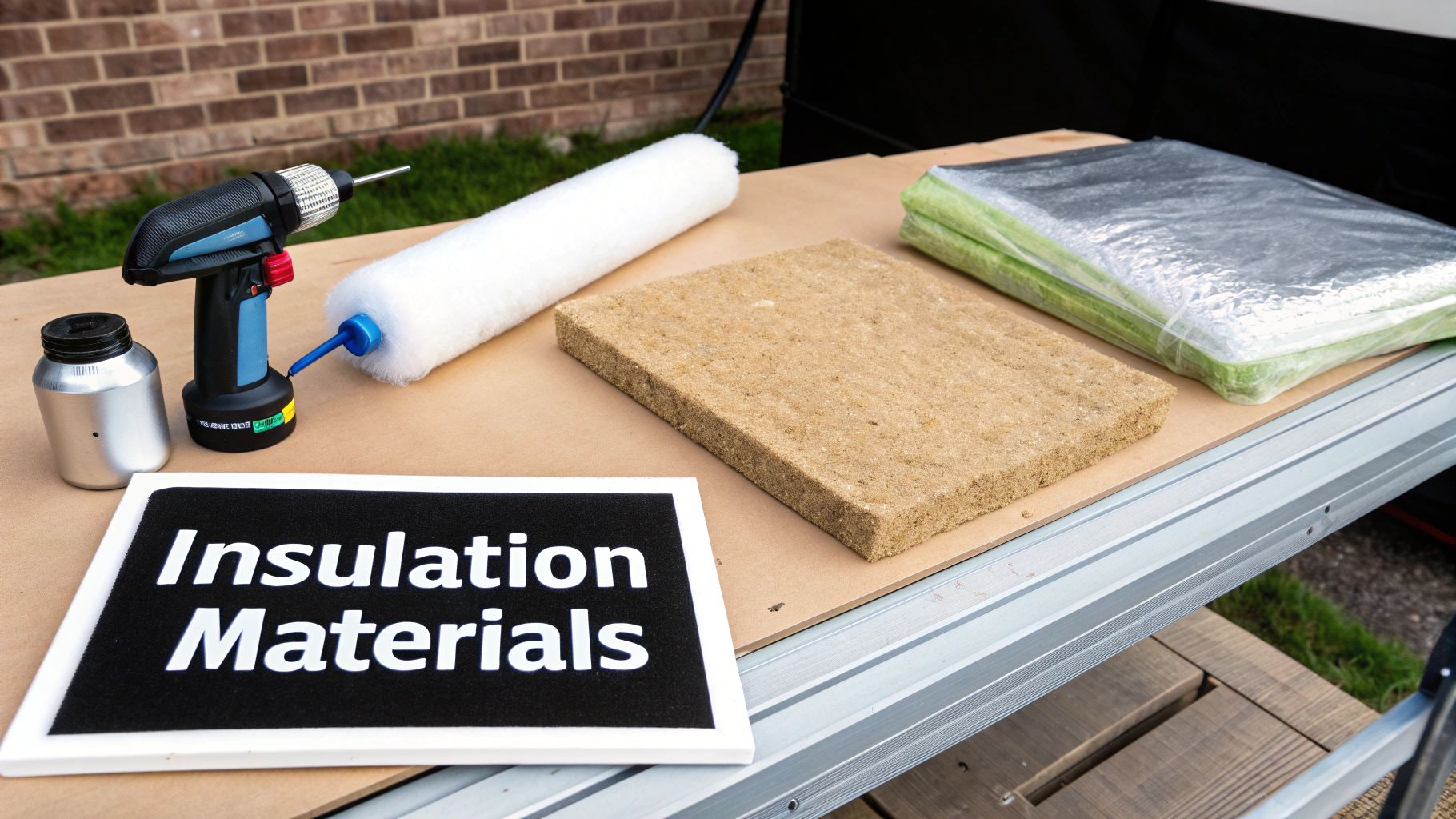 A detailed view of PIR insulation boards being fitted into the wall of a campervan.