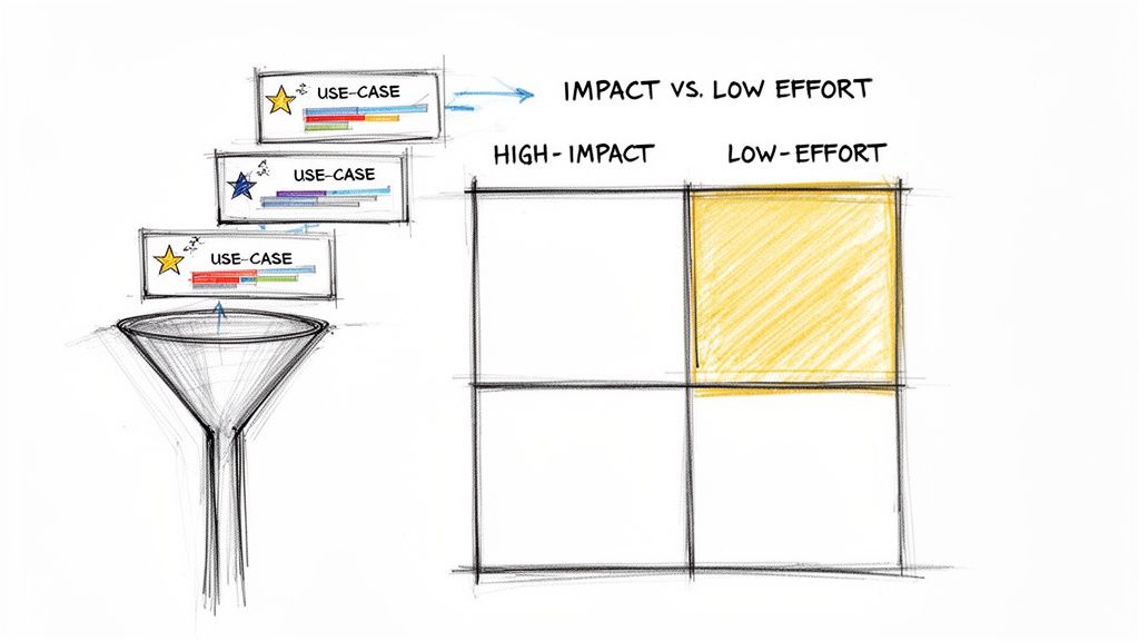 Illustration showing a funnel feeding use cases into an impact versus effort matrix, highlighting low effort.
