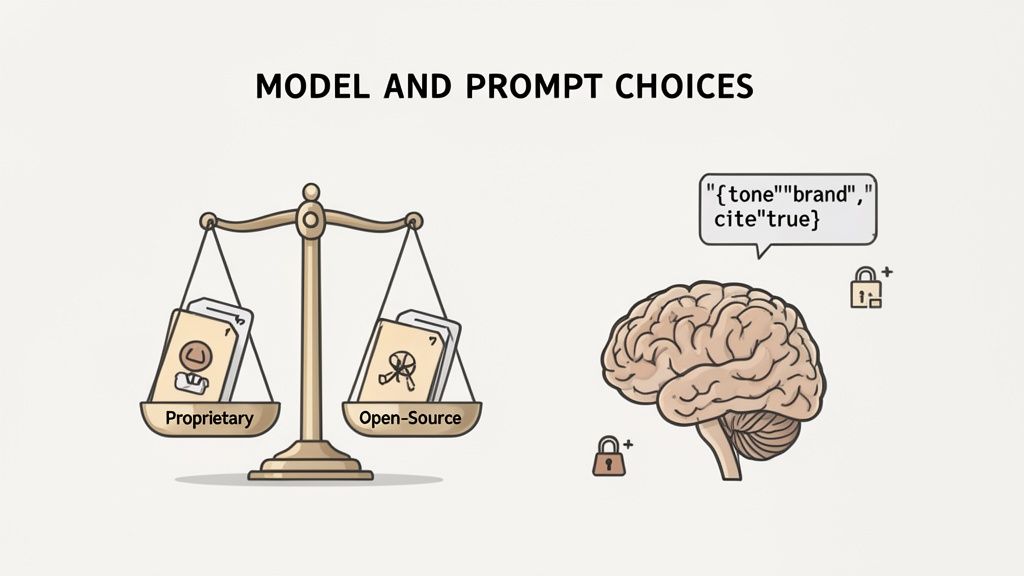 An illustration comparing proprietary and open-source models on a scale, with a brain using a prompt and lock icons.