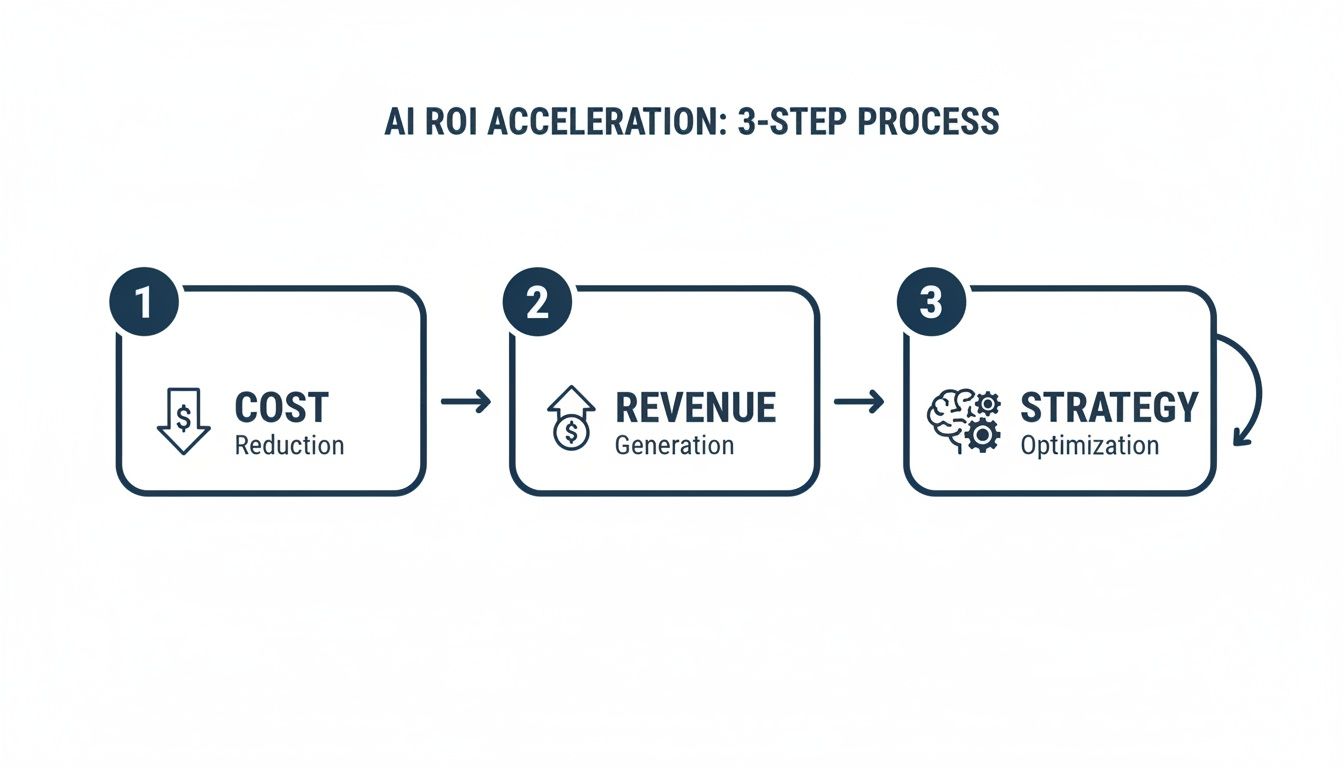 A 3-step AI ROI acceleration process diagram showing cost reduction, revenue generation, and strategy optimization.