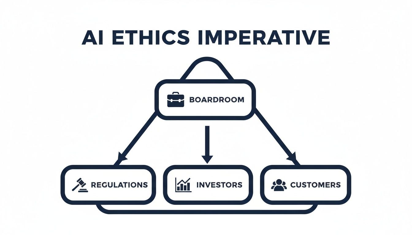 Diagram illustrating AI Ethics Imperative with Boardroom influencing Regulations, Investors, and Customers.