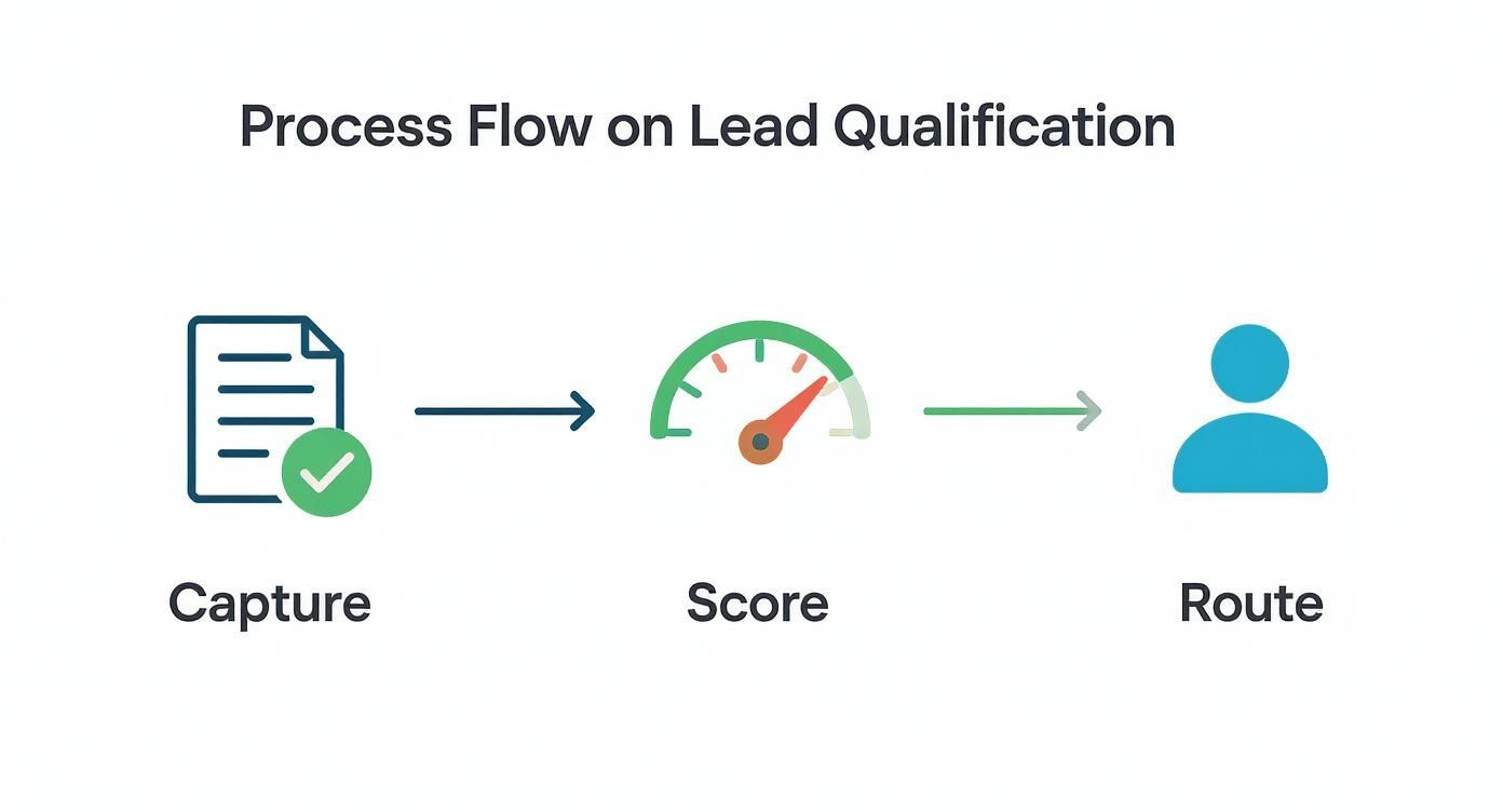 Lead qualification process flow diagram showing three stages: capture, score, and route leads to sales team