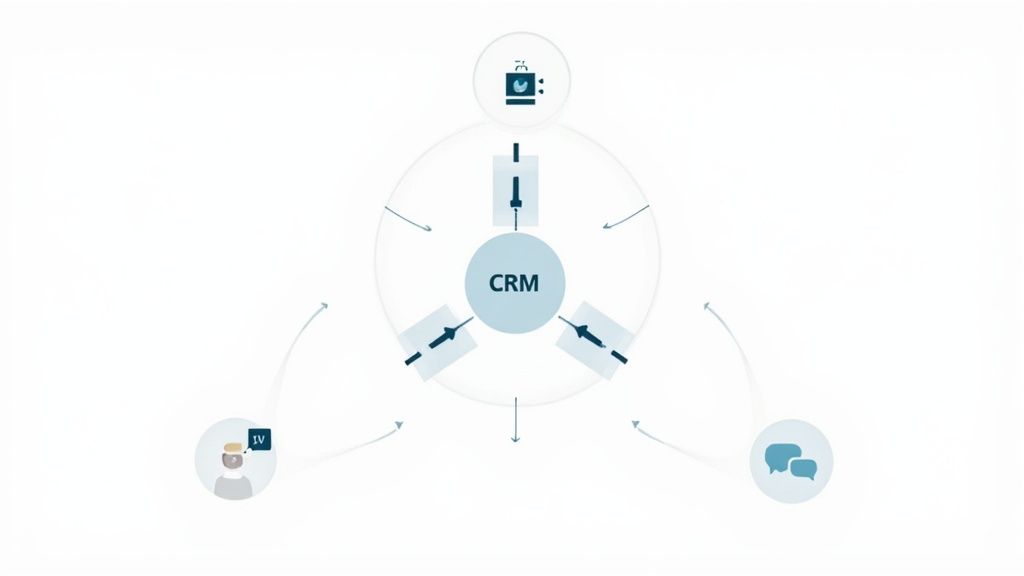 A diagram showing a central CRM system integrating customer interactions, marketing automation, and sales processes.