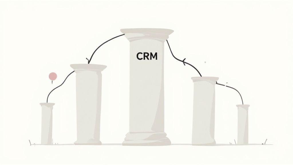 Five pillars, including a central 'CRM' pillar, connected by lines illustrating a business process flow.