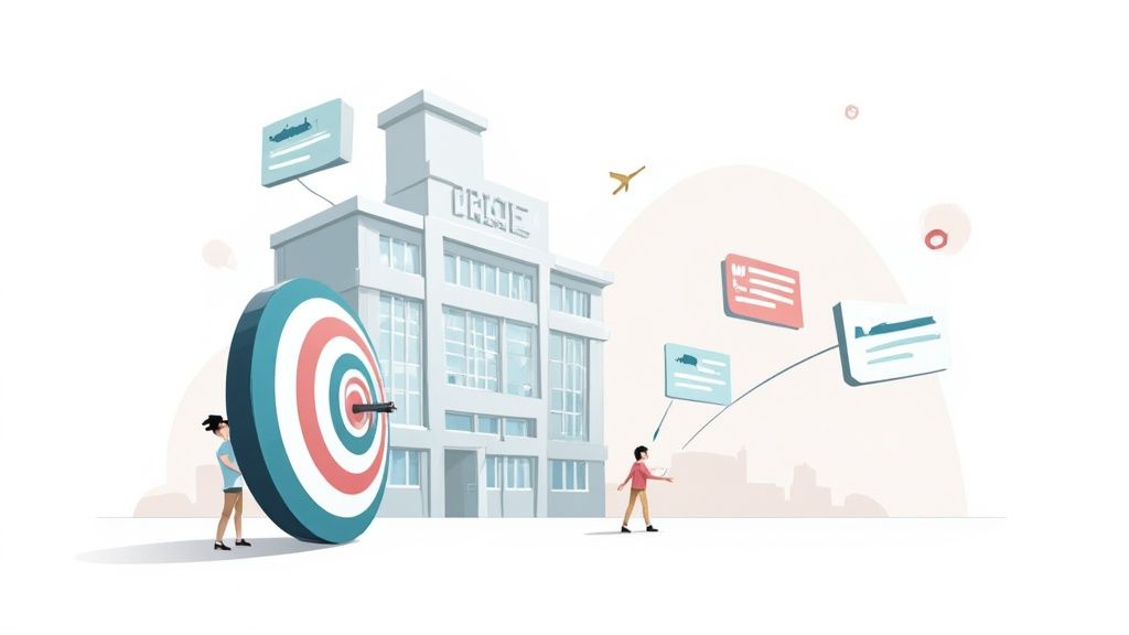 Business professionals targeting goals with digital marketing strategy and company building illustration