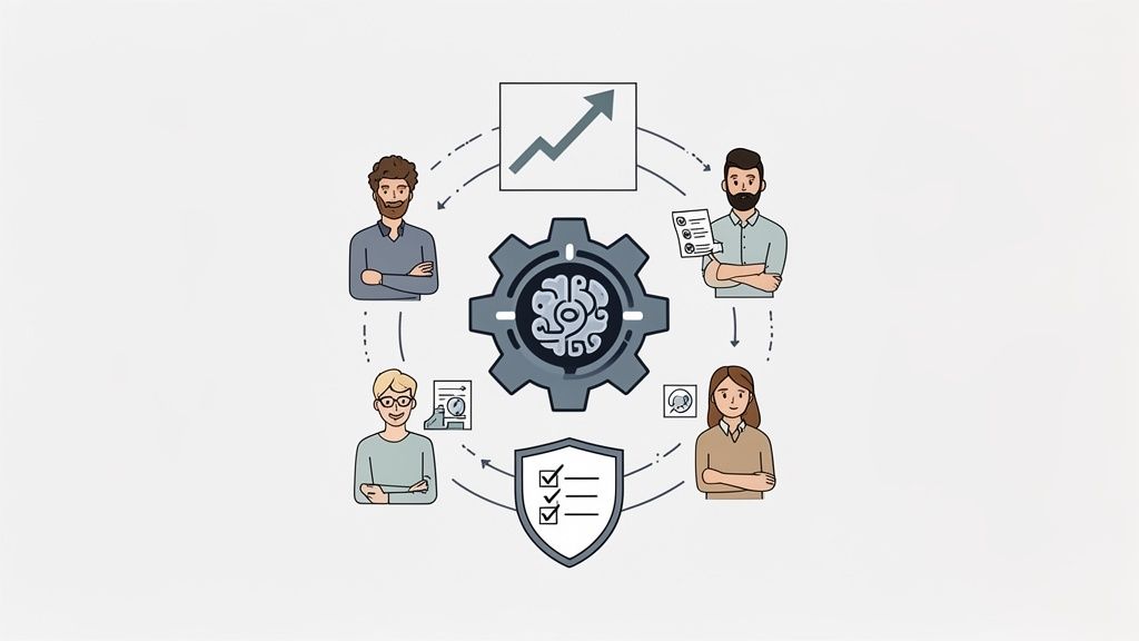 An illustration depicting a team collaborating around a central AI-powered gear, symbolizing an automated workflow process.