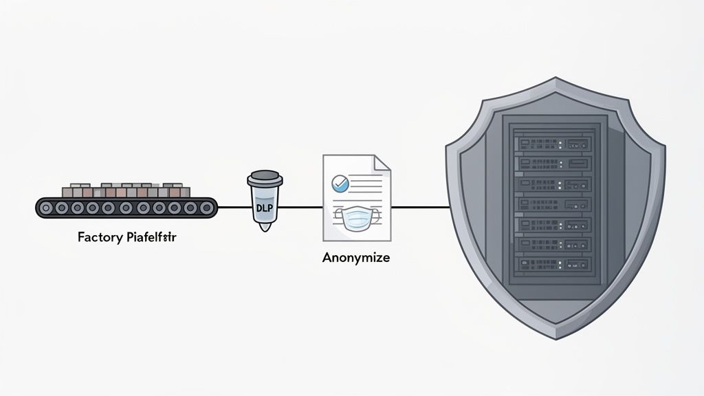 A diagram illustrates a data privacy process: data moves from a factory, through DLP and anonymization, to a secure, shielded server.