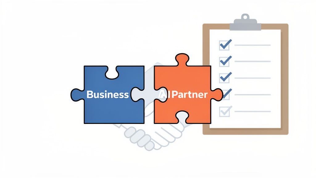 Two puzzle pieces, 'Business' and 'AI Partner', fit together, with a checklist on a clipboard.