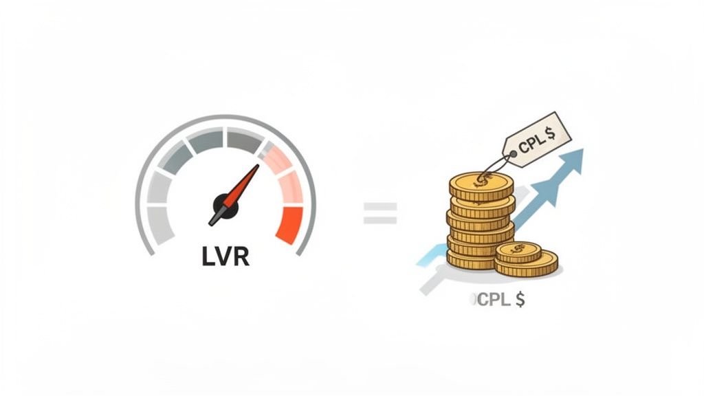 A gauge indicating high LVR (Loan-to-Value Ratio) equals increasing cost per lead (CPL) shown by rising coins.