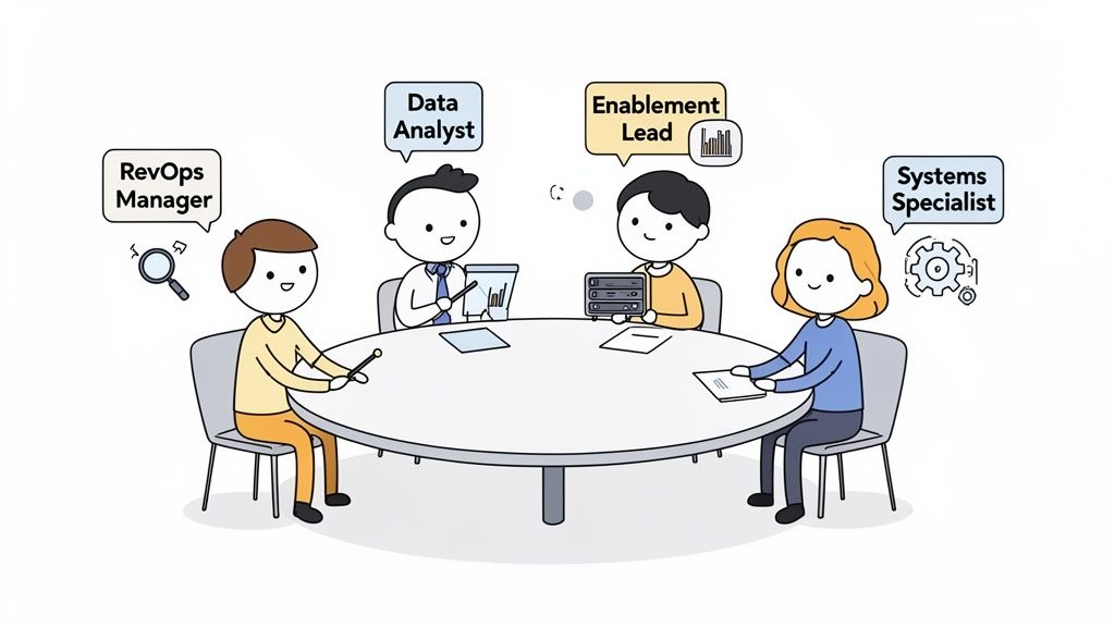 A diverse revenue operations team, including RevOps Manager, Data Analyst, Enablement Lead, and Systems Specialist, collaborates at a meeting.