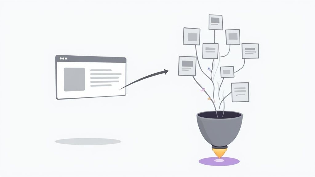 Digital content from browser window flowing into funnel creating branching lead nurturing tree structure