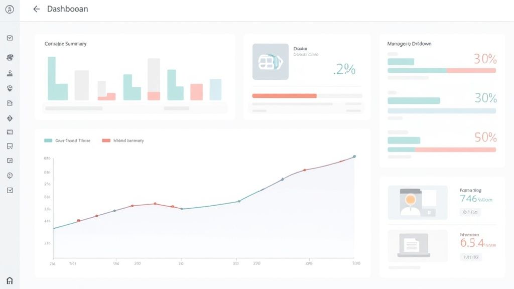 A modern analytics dashboard displaying various sales performance metrics with charts, graphs, and summary data.