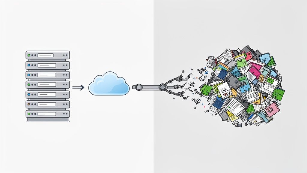 Servers send data to a cloud, where a robotic arm processes it into a pile of diverse documents.