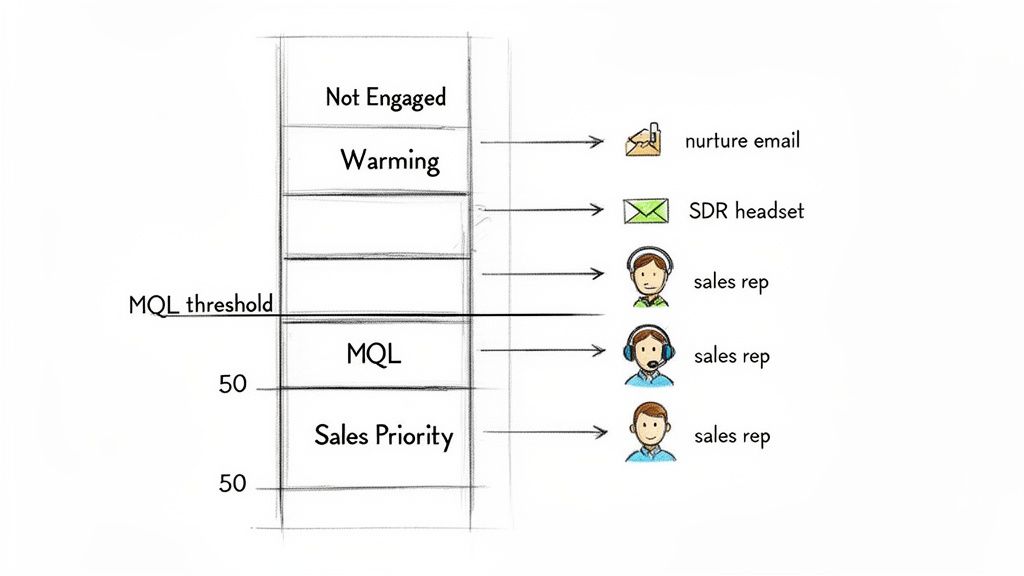 A lead scoring diagram illustrating lead stages from Not Engaged to Sales Priority with corresponding sales actions.