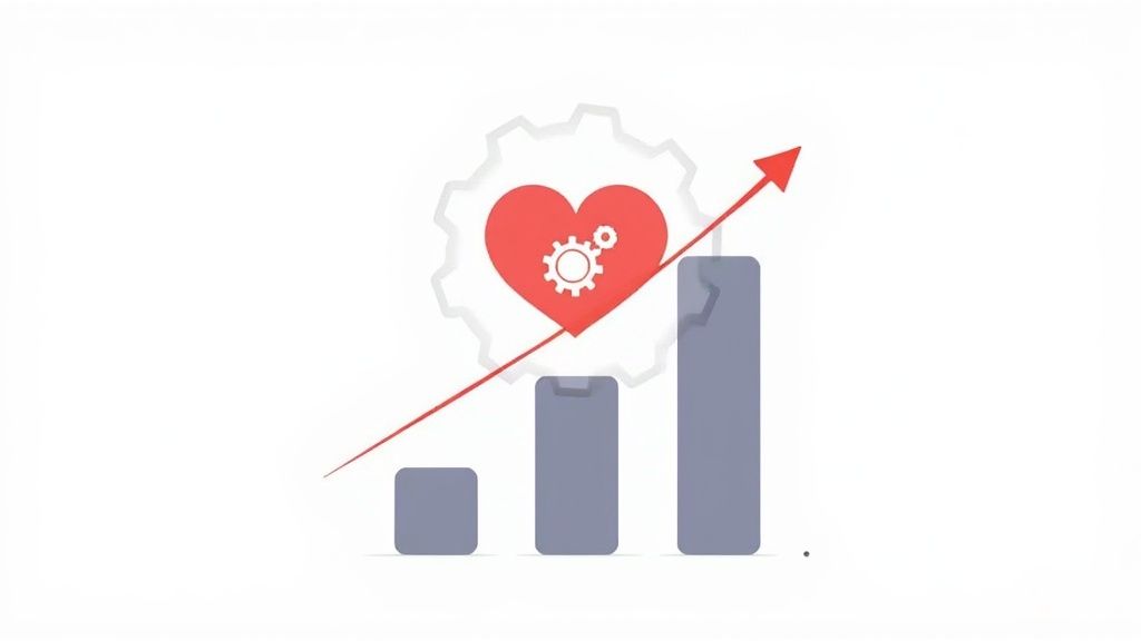 Illustration showing a heart with gears, an upward arrow, and growing bar chart, symbolizing progress and optimization.