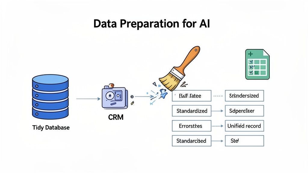 Diagram illustrating data preparation for AI, showing a database, CRM, data cleaning, and unified records.
