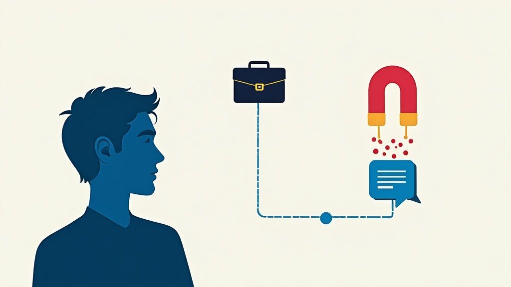 Blue silhouette observes a magnet attracting red particles into a speech bubble, connected to a briefcase.