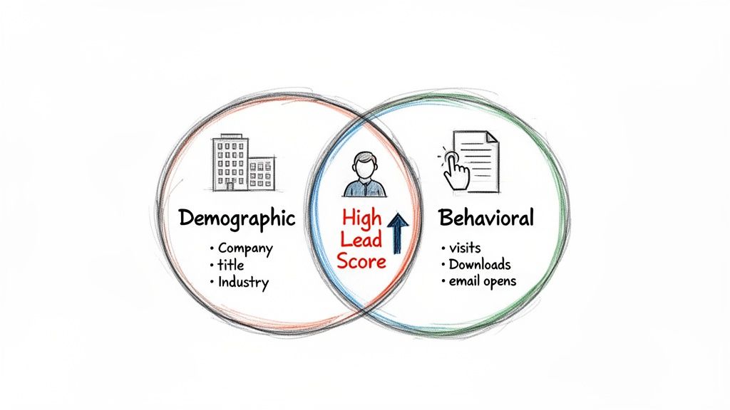 A Venn diagram explaining how demographic and behavioral factors result in a high lead score.