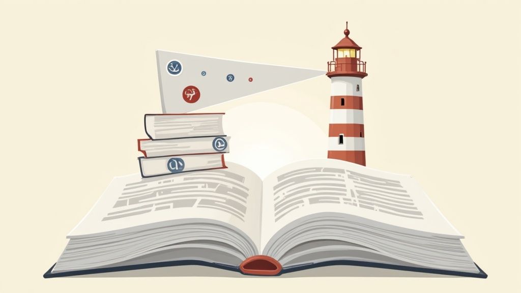 Open book with lighthouse, stacked books, and flag illustrating knowledge navigation and guidance concept