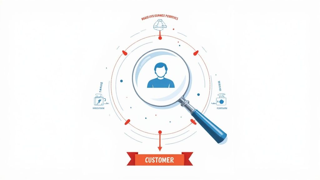 Customer-centric lead generation strategy showing data sources flowing through magnifying glass to identify target customer