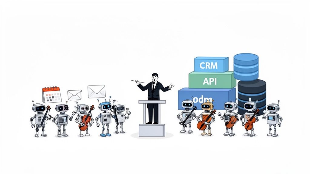 A man conducts robots playing instruments and interacting with business systems like CRM, API, and databases.