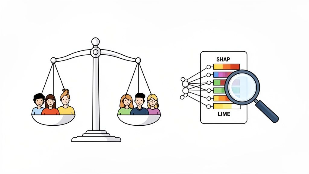 A balanced scale with diverse people and an AI explainability model being inspected by a magnifying glass.