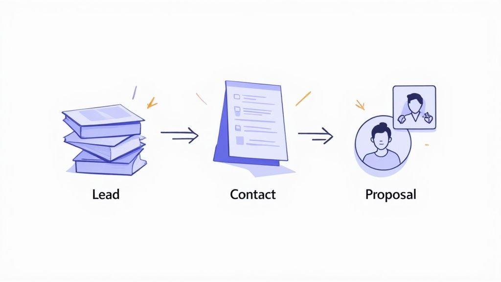 Sales funnel workflow showing progression from lead generation through contact phase to final proposal stage